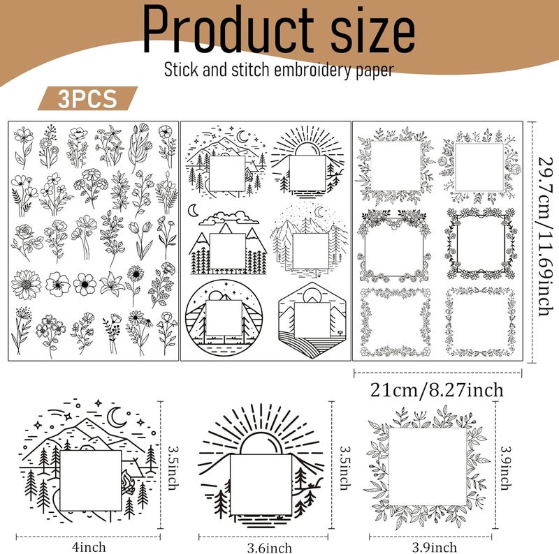 VISSTREE Water Soluble Embroidery Stabilizers for Hat - 3 Sheets 42 Pcs Stick and Stitch Self Adhesive Wash Away with Pre-Printed Flower Pattern for Cap Cloth Embroidery Hand Sewing Lover Beginners DIY Gifts - Image 2